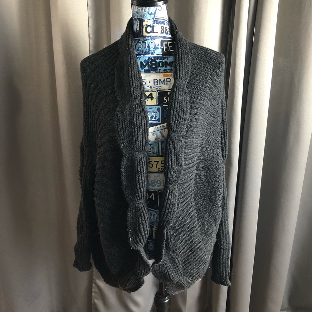 Soprano Knit Wing Sleeve Scalloped Front Charcoal Cardigan Sweater